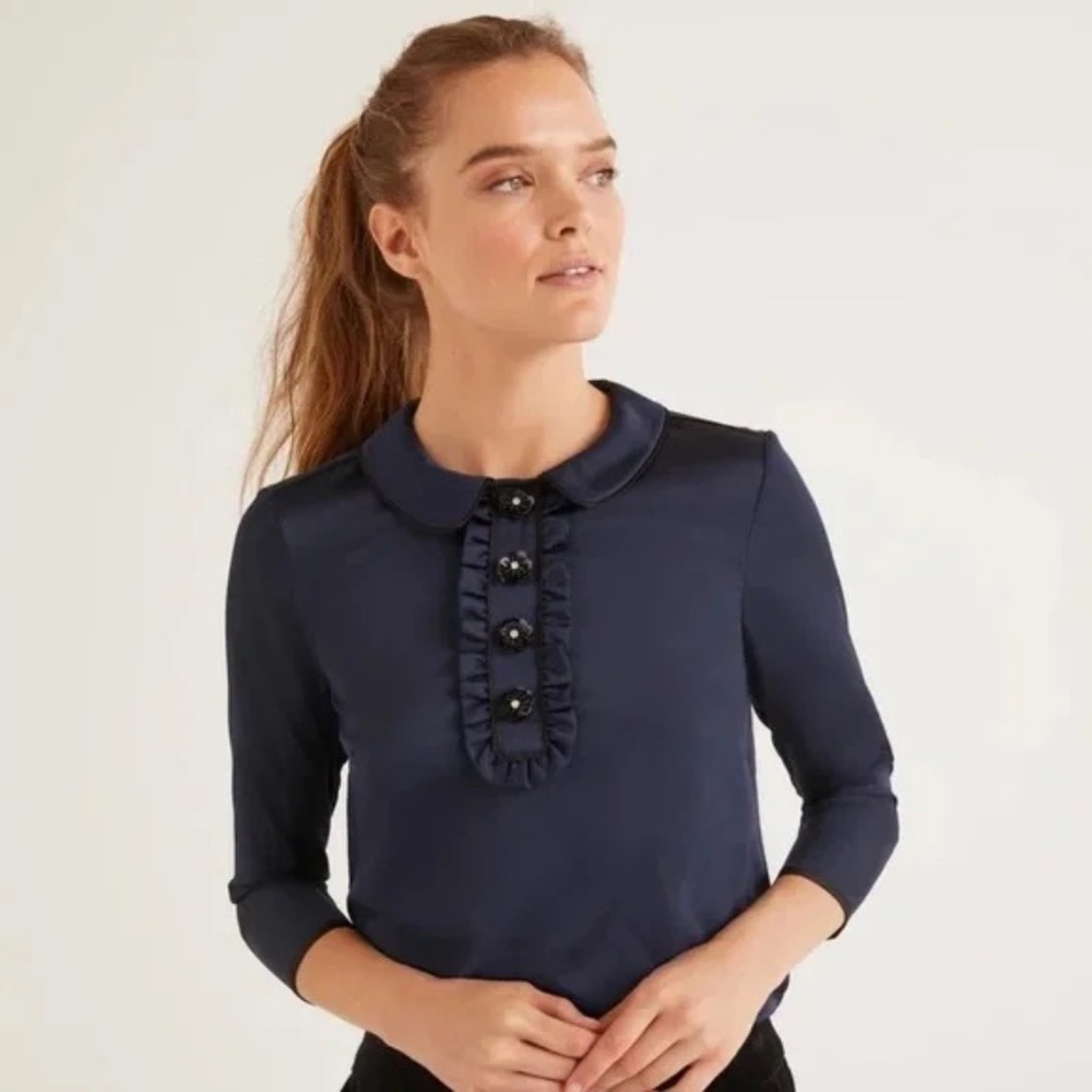 Boden Navy Blue Sophia Sequin Collared 3/4 Sleeve Blouse